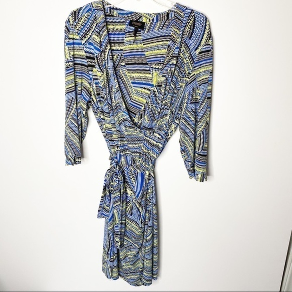 Laundry Shelli Segal Dress Womens L Blue Yellow Geometric Faux Wrap 3/4‎ Sleeve
